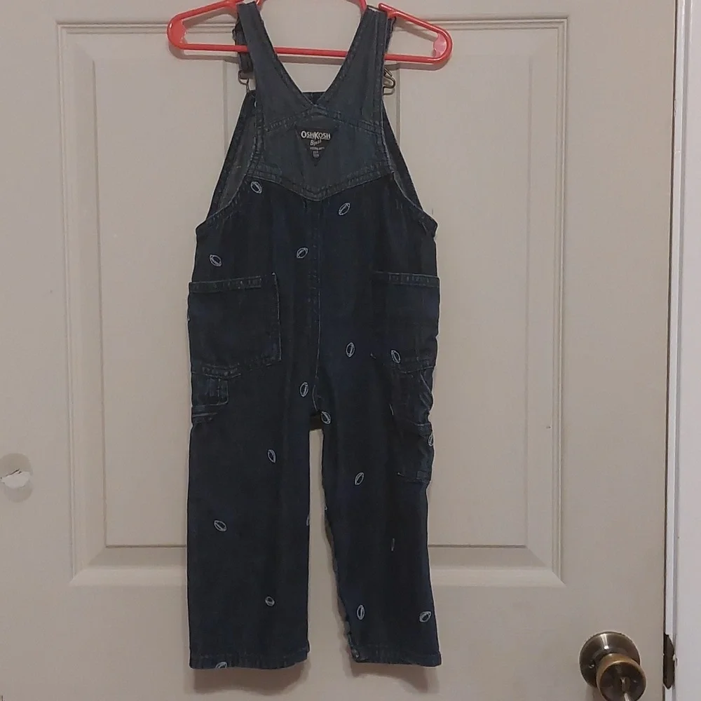 OshKosh B'Gosh Embroidered Football Carpenter Style Denim Bib Overalls Size 24M